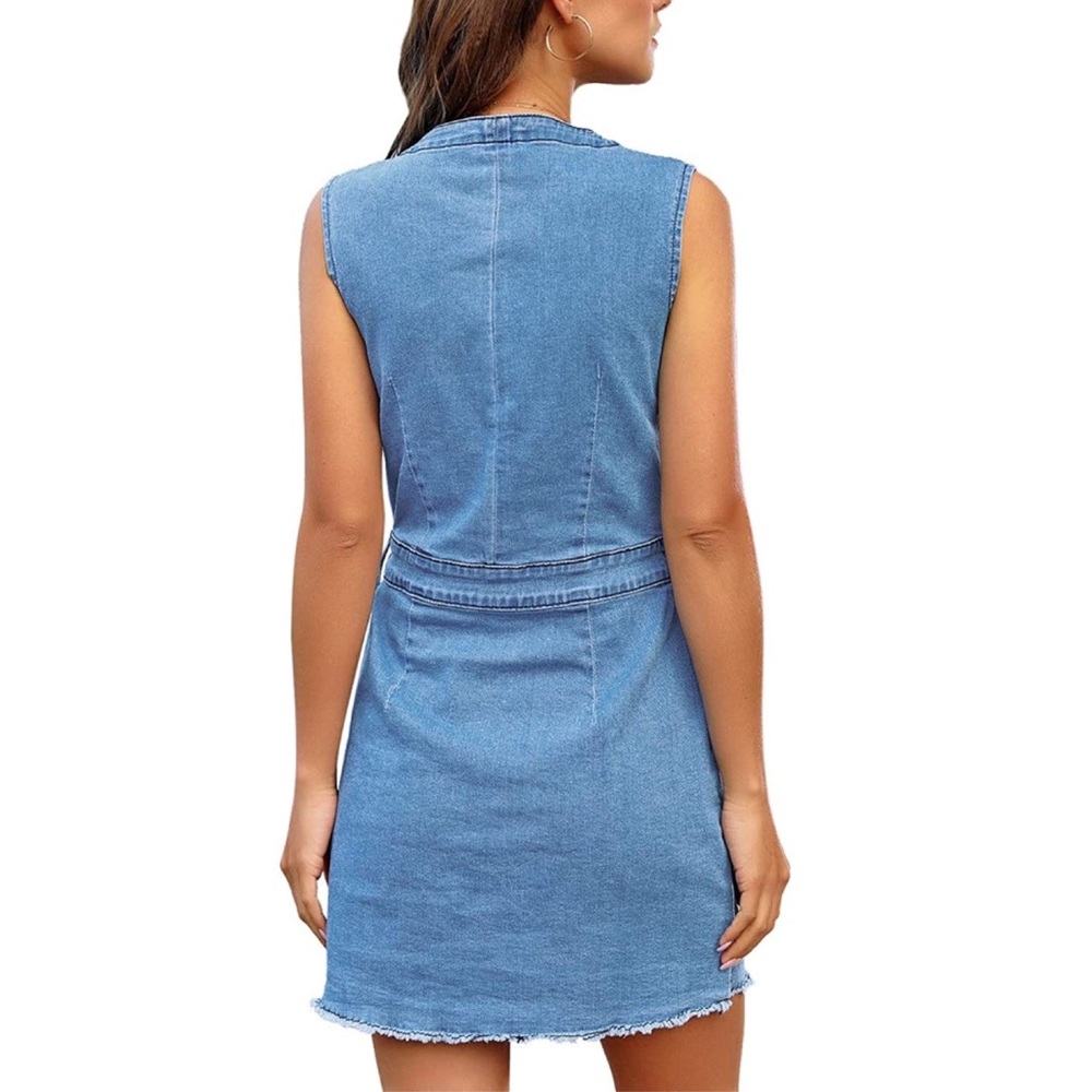 V Neck Sleeveless Button Down Denim Mini Dress - Picture 2 of 4